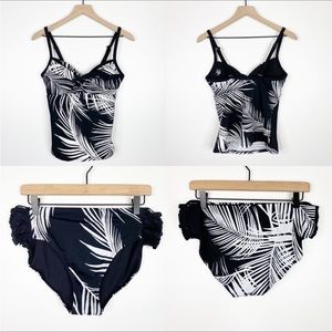 Athleta Black & White Palm Tree Print Strappy Tankini Set 34B Top Large Bottom